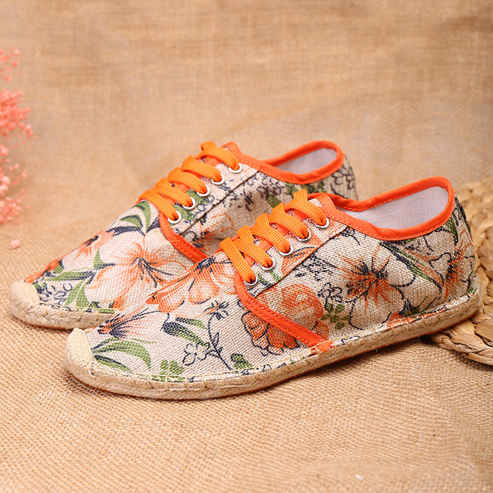 SOCOFY Zapatos de alpargatas casuales de tela de lino con estampado floral