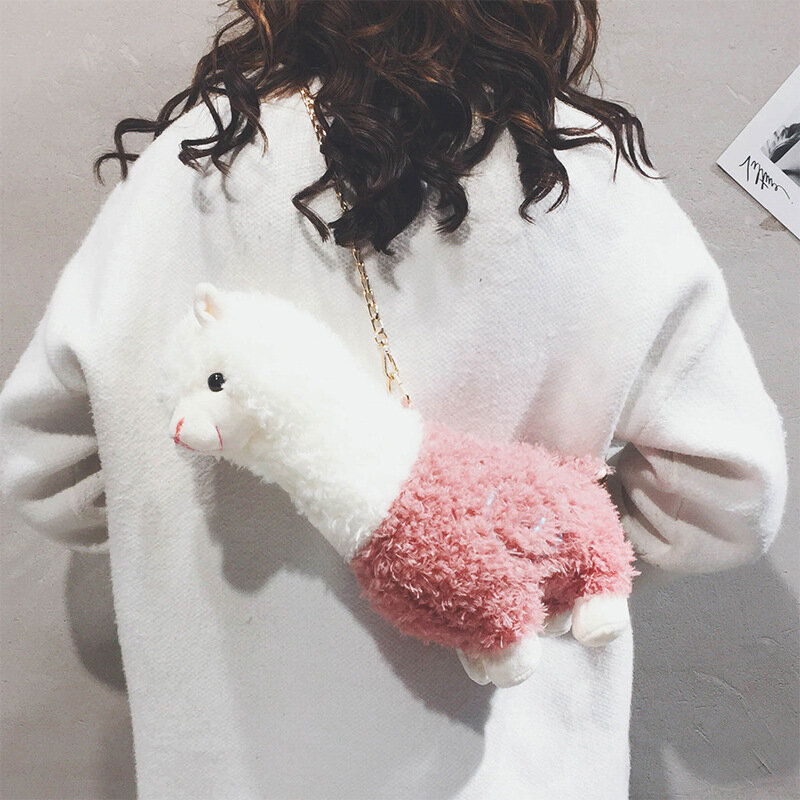 Las mujeres de lana de cordero lindo dibujo animado 3D forma de alpaca Soft pequeño hombro creativo Bolsa bandolera Bols