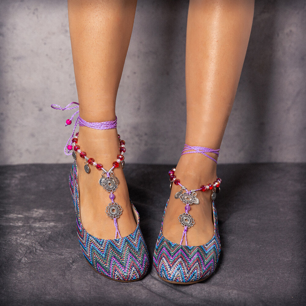 LOSTISY Bohemia Knitted Exotic Style Slip con cuentas en los zapatos planos casuales