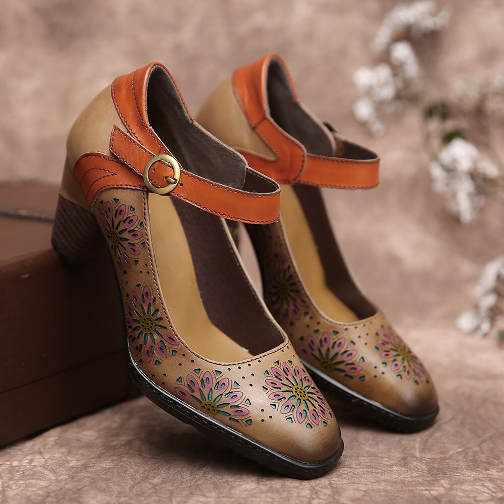 SOCOFY Zapatos de tacón grueso con correa en el tobillo con hebilla hueca floral de cuero Vestido Zapatos