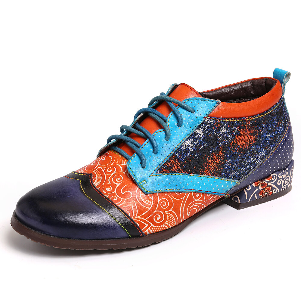 SOCOFY Bohemian Patrón Colorblock Piel Genuina Zapatos planos cómodos con costura
