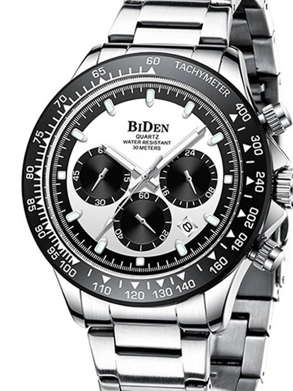 BIDEN BD0335 Business Style Full Steel Banda Reloj de pulsera para hombre Calendario Luminoso Pantalla Reloj de cuarzo