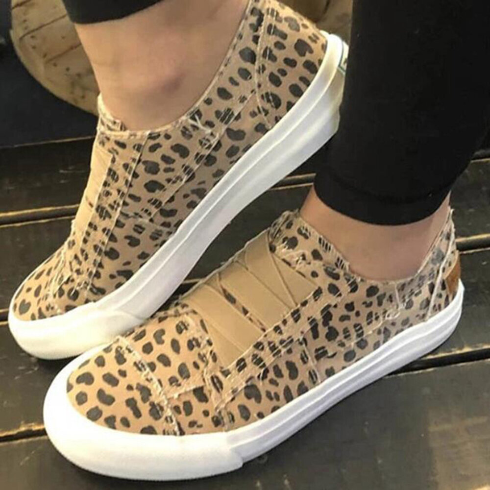 Woemn Leopard Printing Elastic Banda Zapatos planos de lona casual