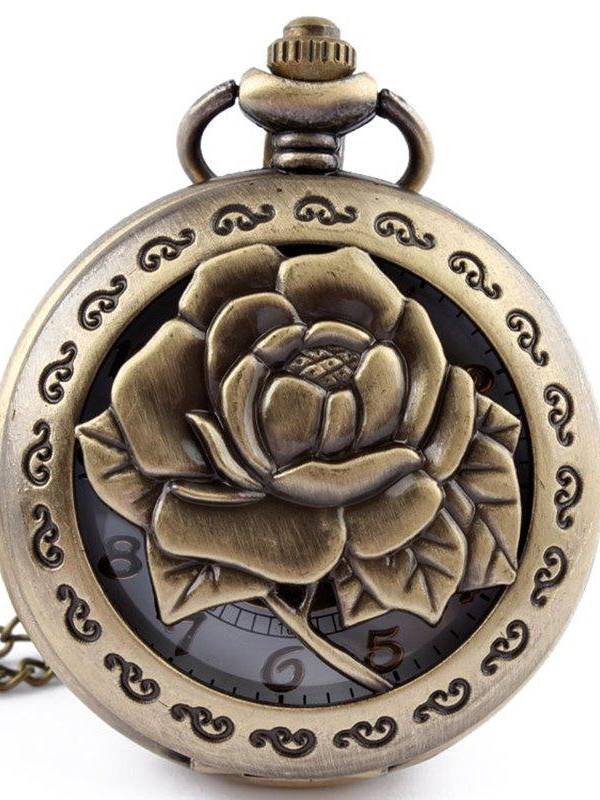 DEFFRUN Hollow Flower Patrón reloj de bolsillo de cuarzo con cadena de esfera simple