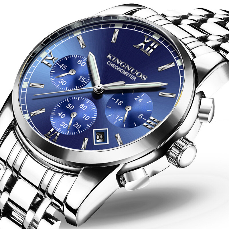 KINGNUOS K-1753 Reloj de pulsera para hombre estilo casual Reloj de cuarzo de acero completo