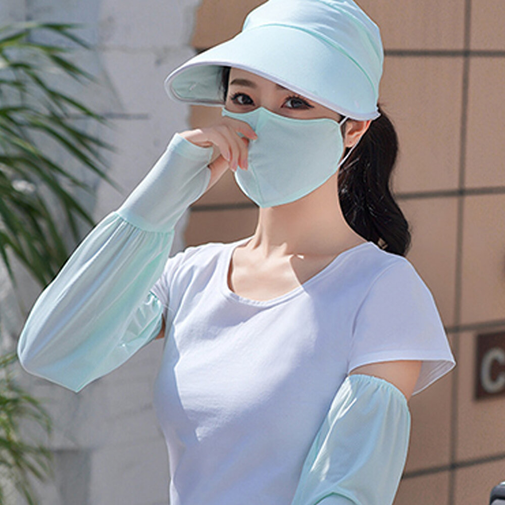 Mujer Cuatro piezas UV Protección al aire libre Manga de seda de hielo Cara transpirable Mascara Protector solar Sombrer