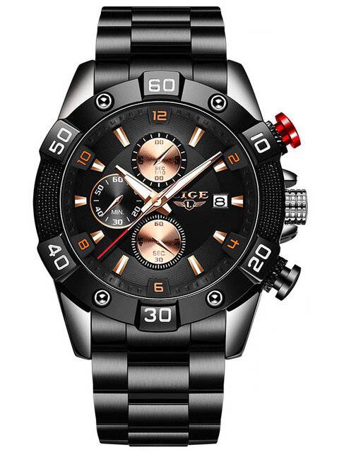 LIGE 10025 Hombres Metal Caso Moda Luminoso Pantalla 30m Impermeable Reloj Reloj de cuarzo