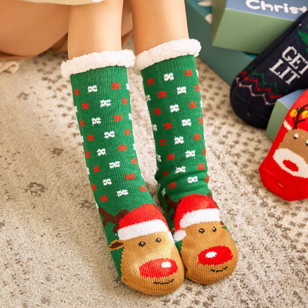 Mujeres Invierno cálido al aire libre Estilo navideño Santa Claus Elk Patrón Plus Velvet Thicken Home Sleep calcetines T