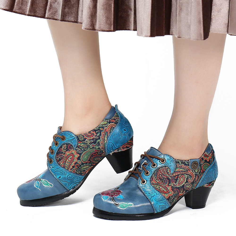 SOCOFY Tela de Folkways con flores en relieve retro Patrón Zapatos de tacón cómodos con cordones