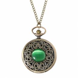 Deffrun Reloj de bolsillo con esfera grande Reloj de cuarzo con gemas verdes de estilo retro