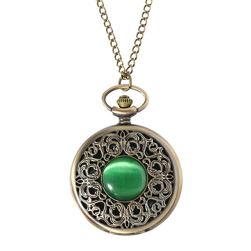 Deffrun Reloj de bolsillo con esfera grande Reloj de cuarzo con gemas verdes de estilo retro