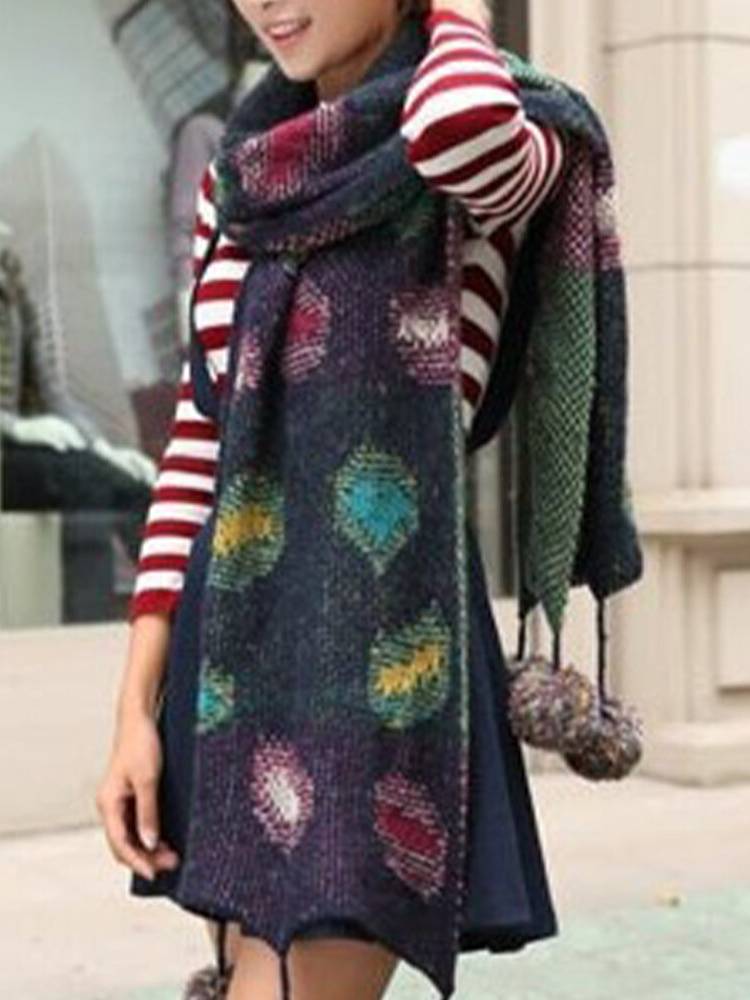 Mujer Knit Colorful Dots Patrón Keep Warm Contrast Color Winter al aire libre Bufanda informal con pelusa