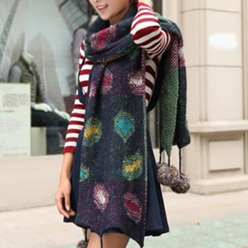Mujer Knit Colorful Dots Patrón Keep Warm Contrast Color Winter al aire libre Bufanda informal con pelusa