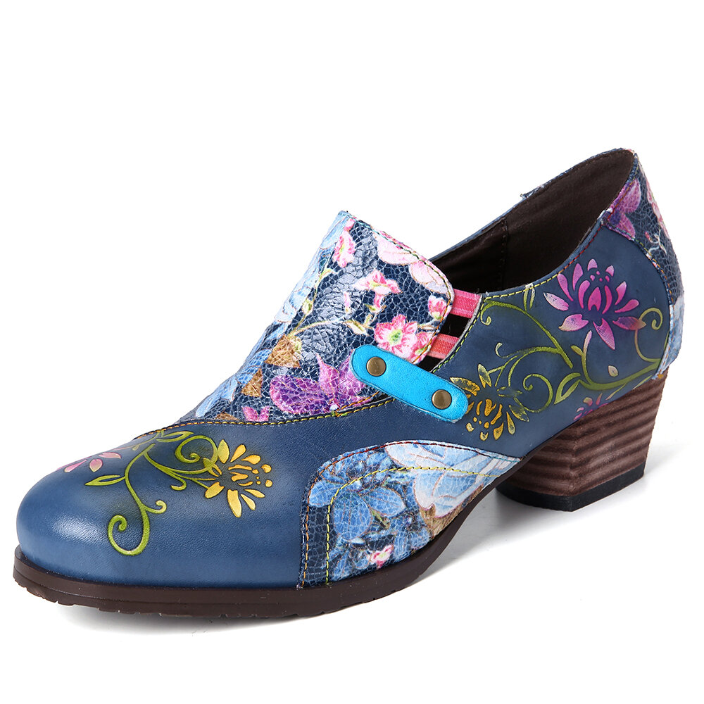 SOCOFY Retro Flores en relieve Piel Genuina Zapatos de tacón corto con cremallera