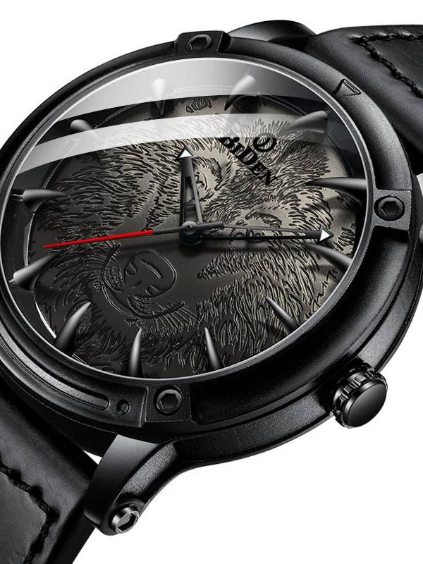 BIDEN BD0185 Wolf Dial Pantalla Reloj de pulsera analógico de cuero para hombres de moda Banda Reloj de cuarzo