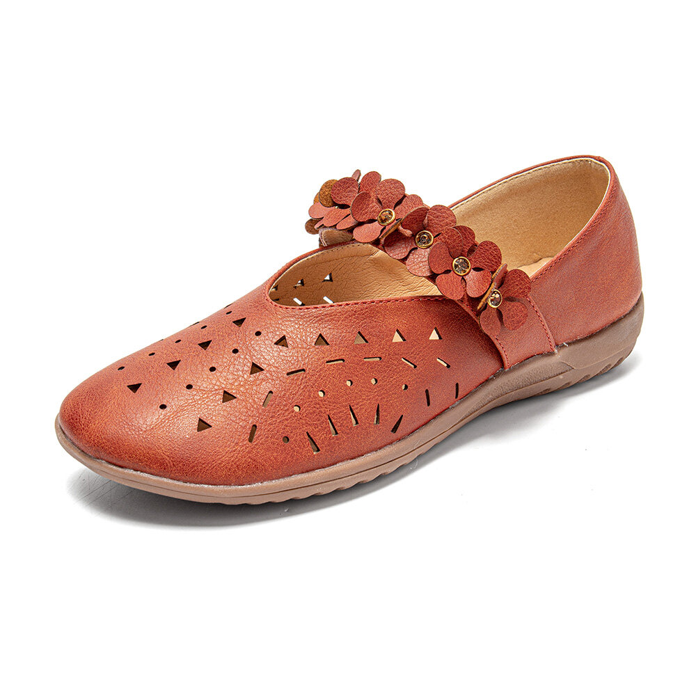 LOSTISY Retro Flower Leather Hollow Out Slip On Soft Zapatos planos cómodos