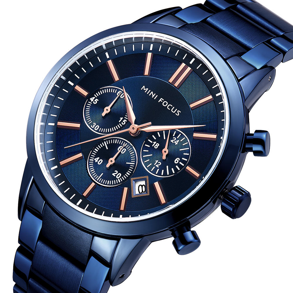 MINI FOCUS MF0188G Reloj de cuarzo para hombres de acero inoxidable con calendario de estilo de negocios