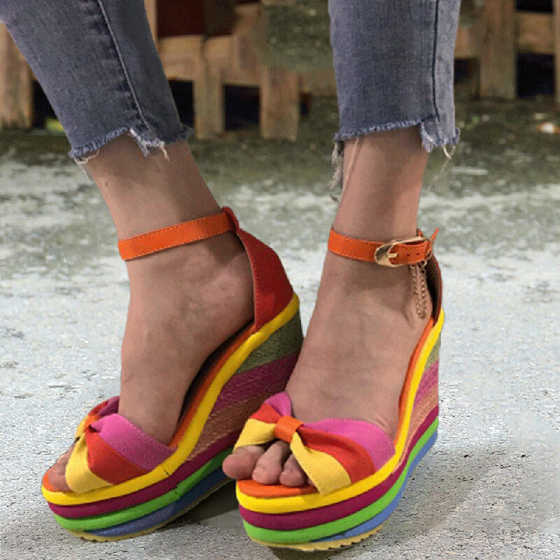 Mujer Rainbow Colorful Correa de tobillo Lazo de hebilla de nudo de plataforma Sandalias