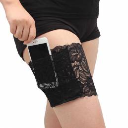 Mujer Encaje no deslizamiento Sporting teléfono tarjeta de muslo de bolsillo Casual Boot Cuffs Leg Pocket