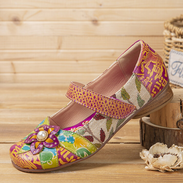 SOCOFY Retro Flor Decoración Impreso Piel de vaca Tela de costura Cómoda punta redonda Zapatos planos casuales