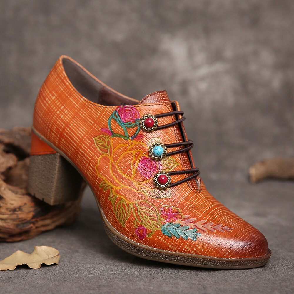 SOCOFY Zapatos de tacón de bloque con cordones elásticos florales con cuentas a cuadros de cuero Vestido Zapatos