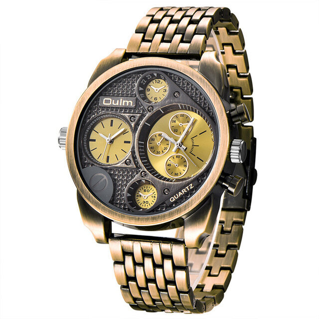OULM 9316 Reloj de pulsera de acero completo de estilo empresarial para hombre Reloj de cuarzo con zonas horarias dobles
