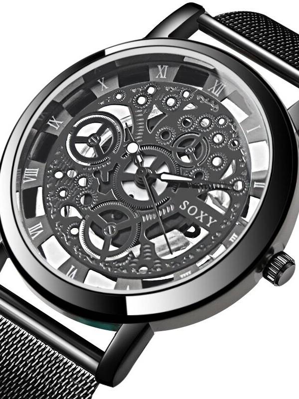 SOXY Fashion Creative Hollow Dial Reloj de cuarzo para hombre con correa de acero inoxidable