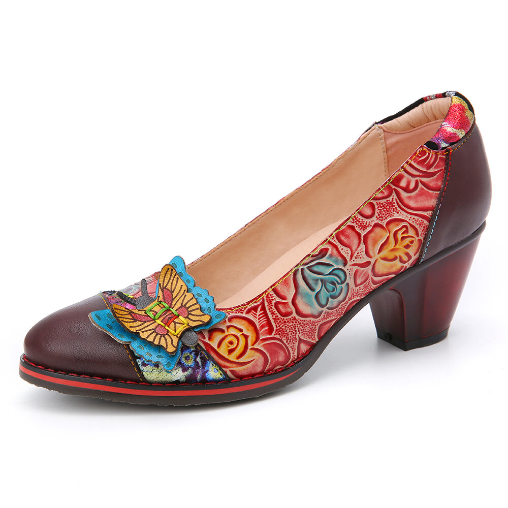 SOCOFY Zapatos de tacón grueso sin cordones con costura de empalme de cuero floral en relieve de mariposa vintage