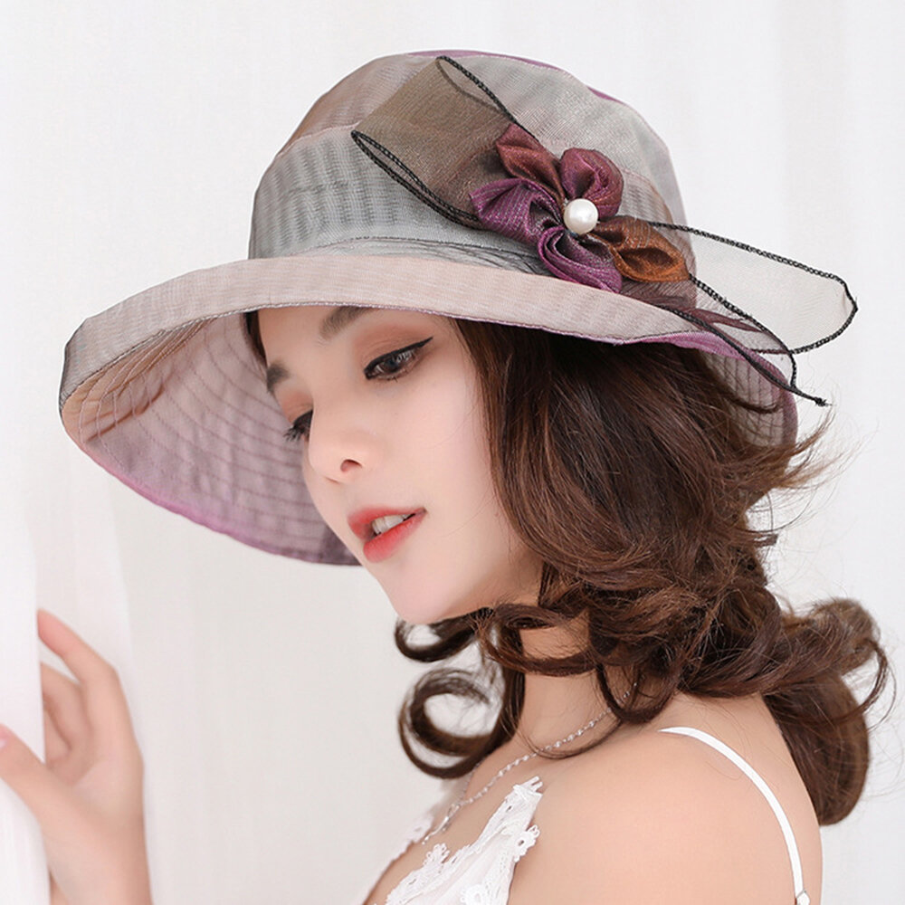 Malla plegable de ala ancha Sombrero Tapa anti UV para Lady Flower Playa Sol Sombrero Para Mujer Verano elegante Sombrer