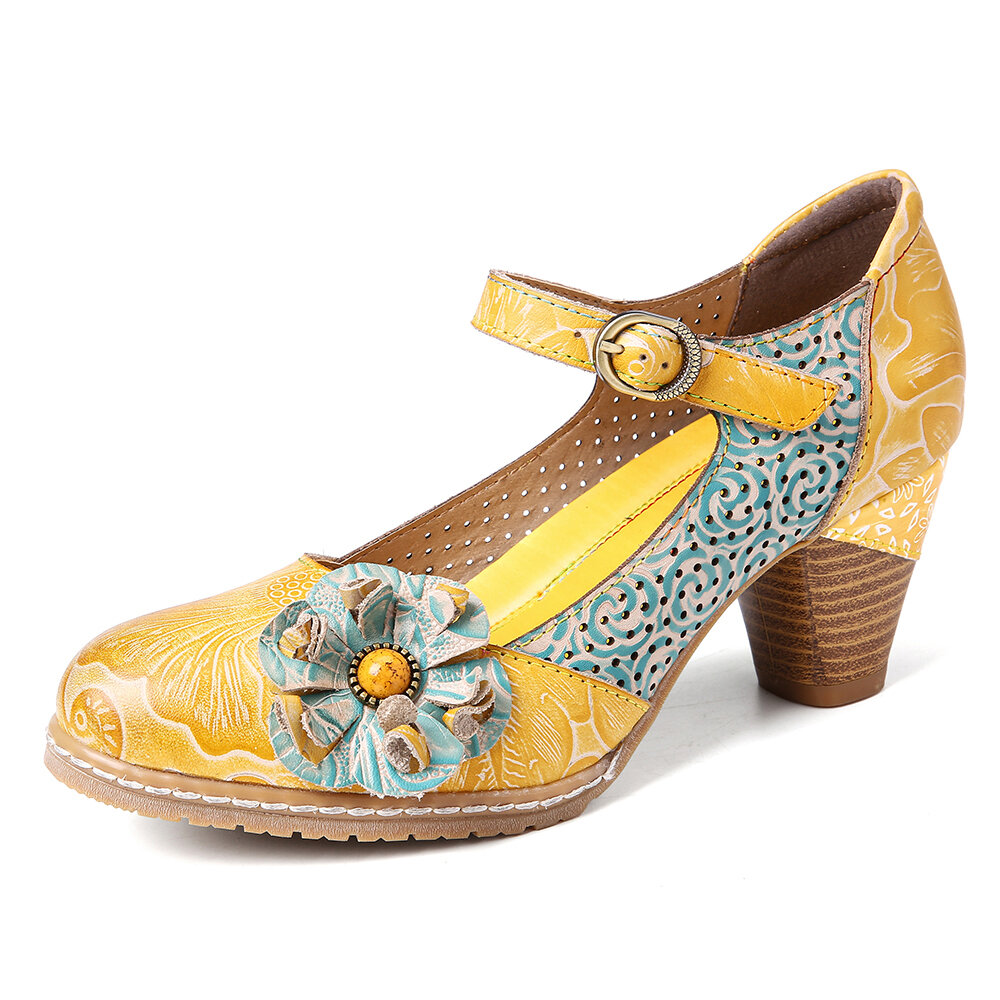 SOCOFY Zapatos de tacón grueso con hebilla de cuero floral y correa en el tobillo Mary Jane Vestido Zapatos