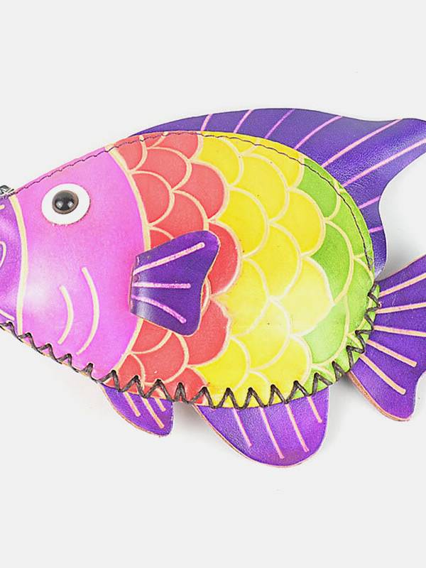 Unisex Piel Genuina Casual Lindo al aire libre Dibujos animados Colorful Moneda pequeña con forma de pez Bolsa Cartera