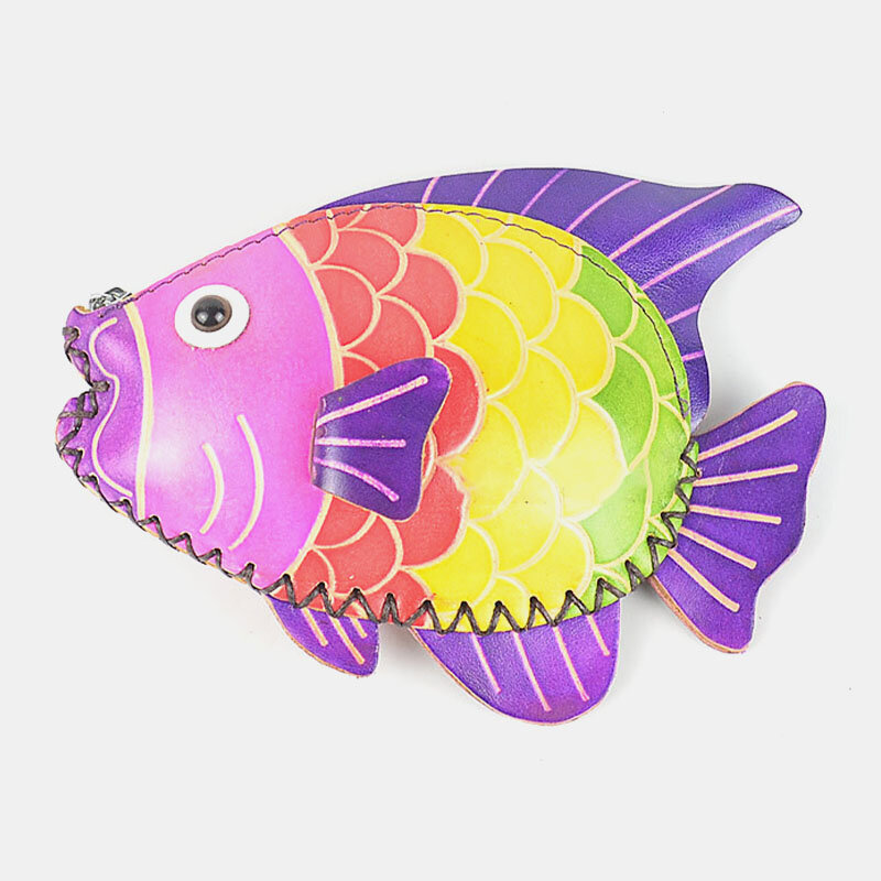 Unisex Piel Genuina Casual Lindo al aire libre Dibujos animados Colorful Moneda pequeña con forma de pez Bolsa Cartera