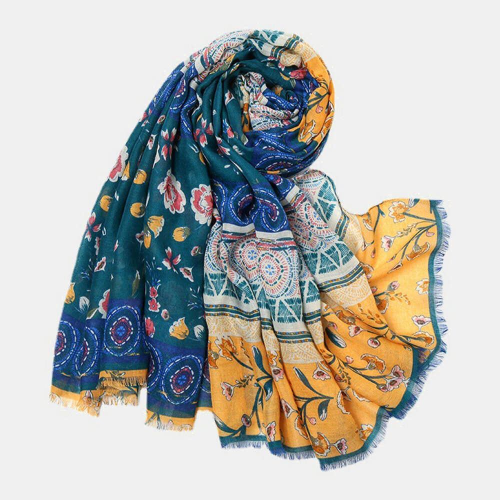 Las mujeres de algodón de color estampado de flores borla bufanda cálida chal de sombrilla de viaje fino