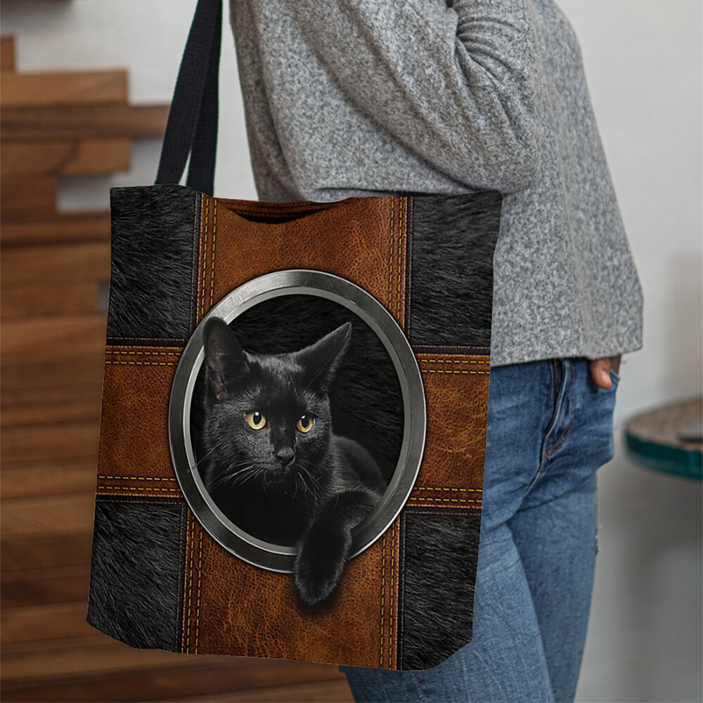 Mujeres Canvas Cute Cartoon Negro Gato Print Handbag Tote Shoulder Bolsa