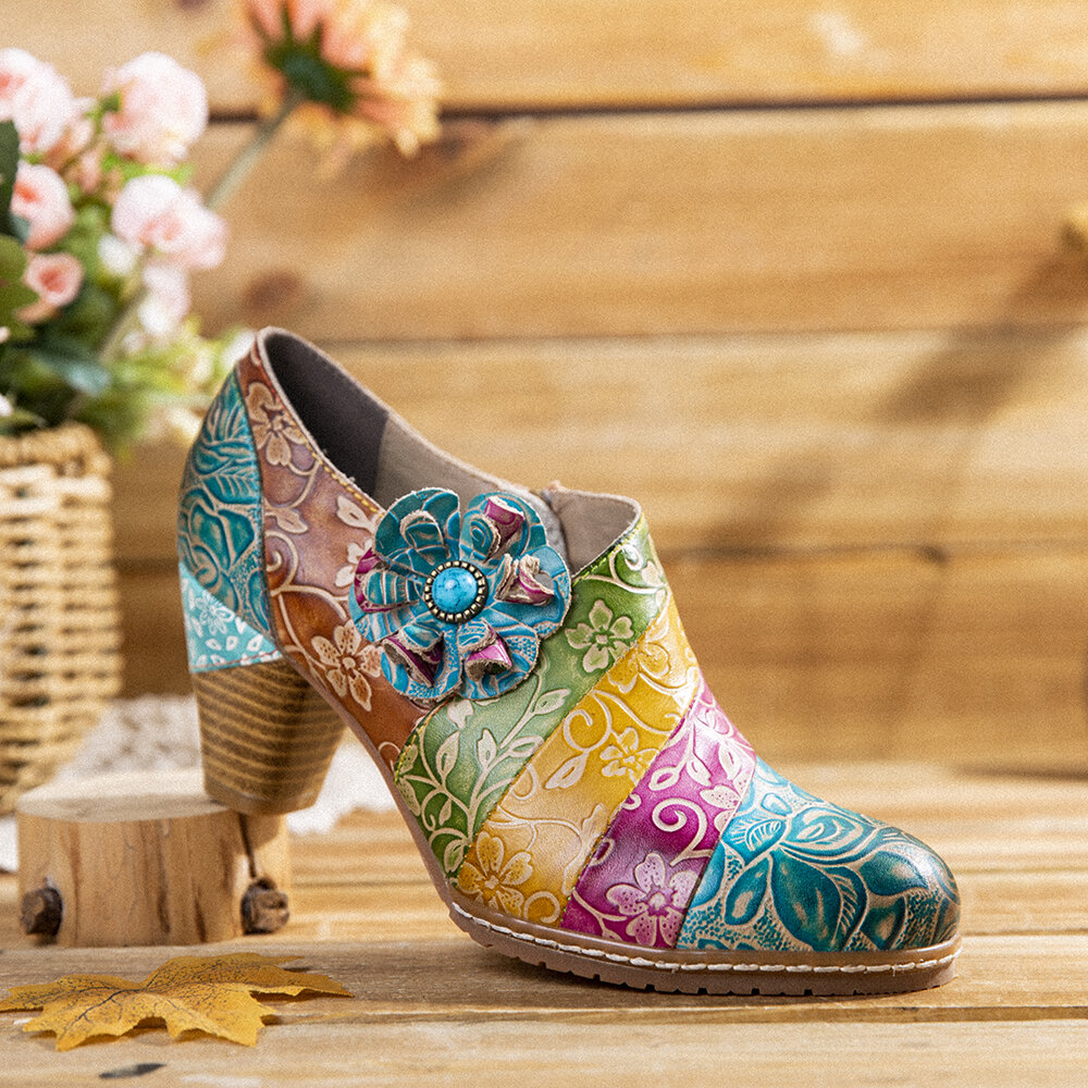 SOCOFY Zapatos de tacón grueso con cremallera de empalme de cuero floral retro Vestido Zapatos