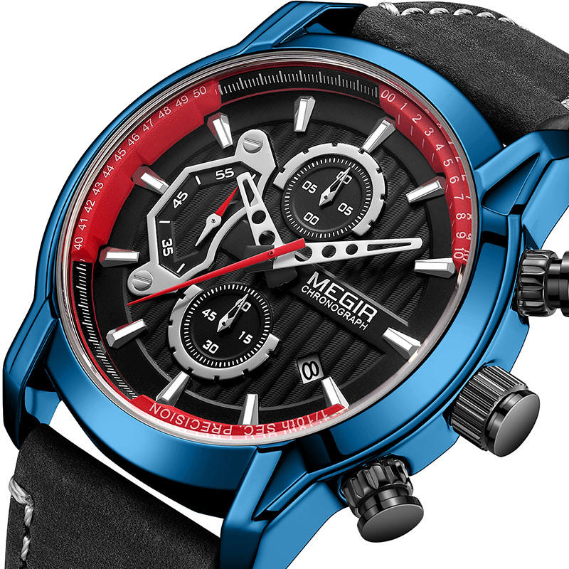 MEGIR 2104 Reloj deportivo para hombre Impermeable Fecha luminosa Pantalla Reloj de cuarzo con correa de cuero y cronógr