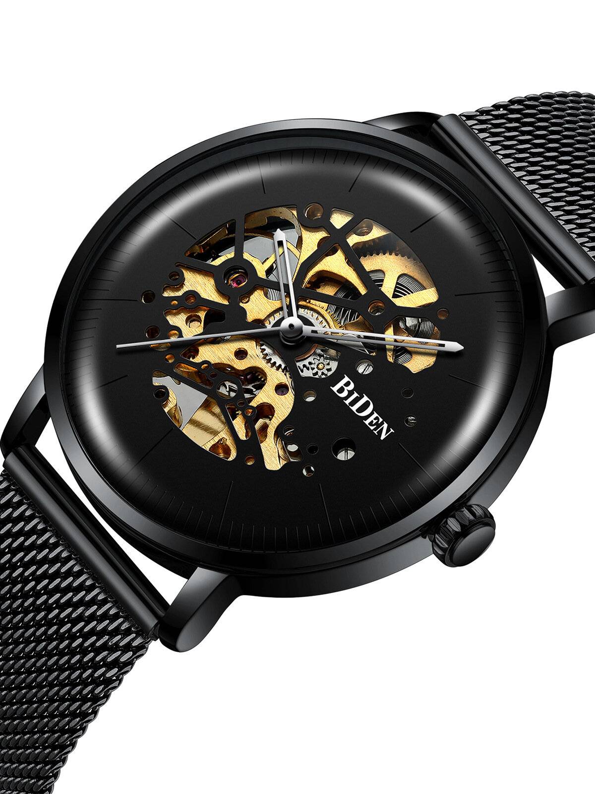 BIDEN BD0052 Malla de acero inoxidable Banda Reloj automático Mecánico Reloj de estilo empresarial para hombre
