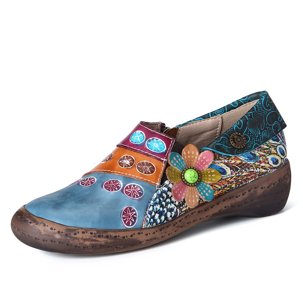 SOCOFY Retro Colorful Floral Splicing Fancy Patrón Zapatos planos de cuero con cremallera lateral