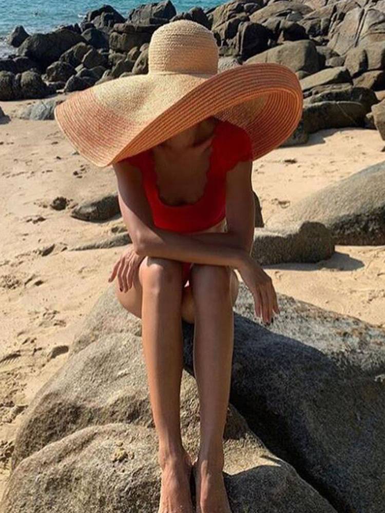 Mujer Hecho a mano Brim Visera Color Raya Vacaciones Playa Sol Sombrero Rafia natural enrollada Paja de borde Sombrero