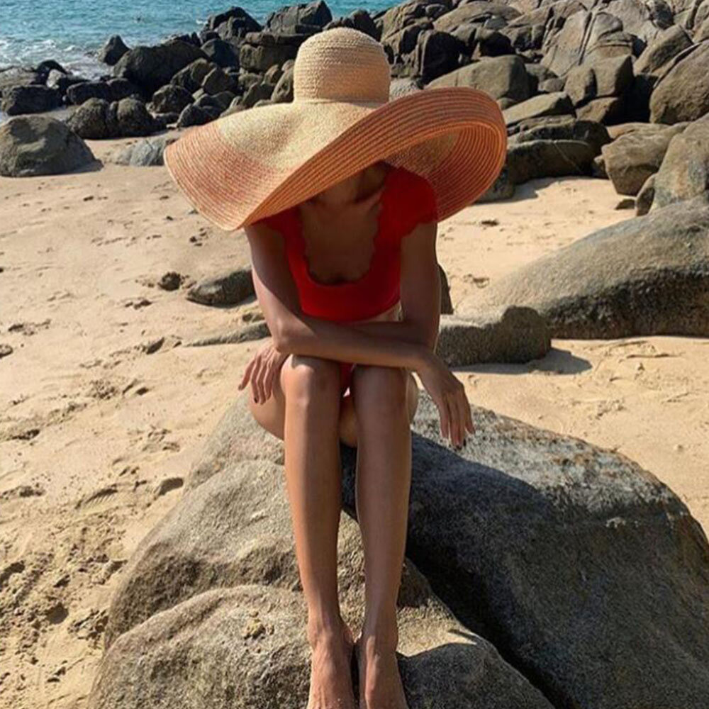 Mujer Hecho a mano Brim Visera Color Raya Vacaciones Playa Sol Sombrero Rafia natural enrollada Paja de borde Sombrero