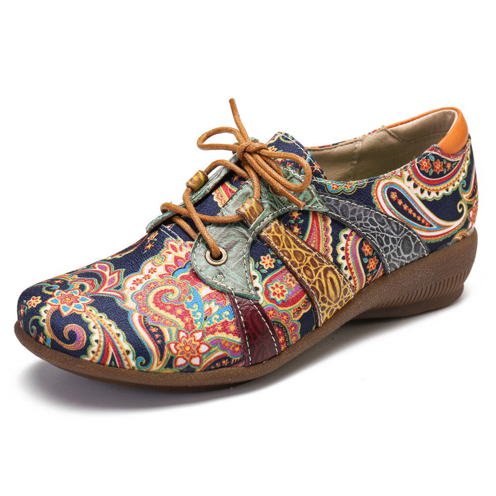 SOCOFY Zapatos planos con cordones y punta redonda estilo folk con empalme floral Retor de Paisley