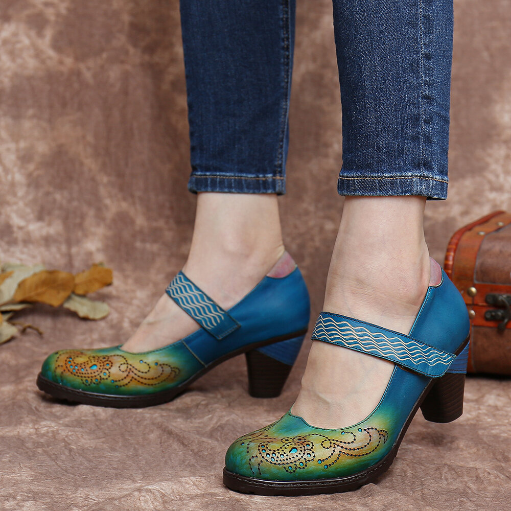 SOCOFY vendimia Recortes de cuero en contraste Gancho Zapatos de salón Mary Jane de tacón grueso con correa de lazo Vest