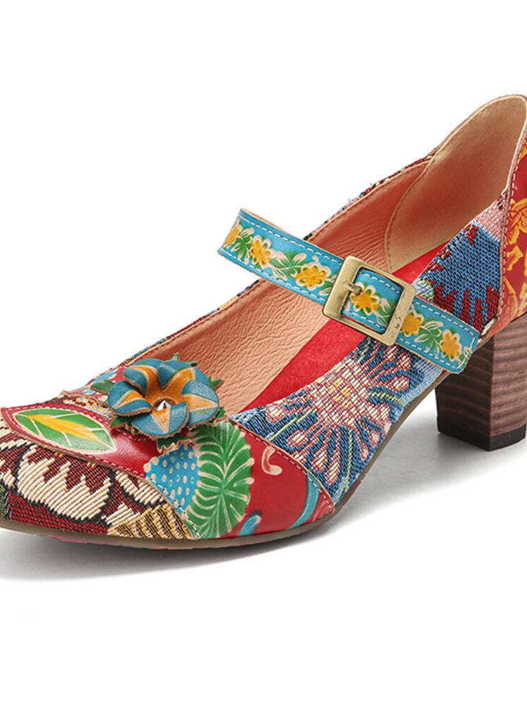 SOCOFY elegante decoración de flores tela estampada con costura floral Gancho lazo antideslizante Mary Jane zapatos de t
