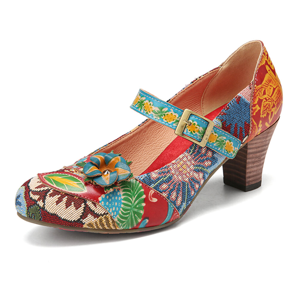 SOCOFY elegante decoración de flores tela estampada con costura floral Gancho lazo antideslizante Mary Jane zapatos de t