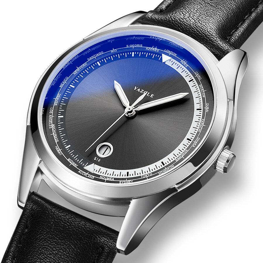 Yazole Fashion Casual Luminous Pointer con calendario Dial PU Leather Strap Impermeable Reloj de cuarzo para hombre