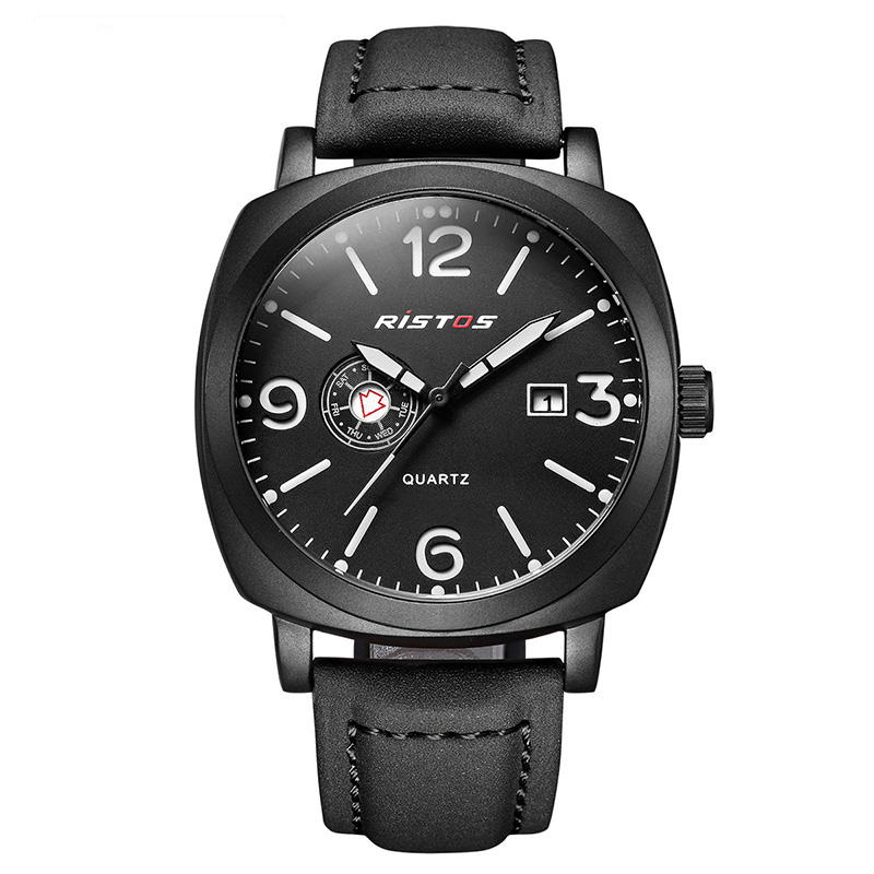 Ristos 9336 Business Style Reloj de pulsera de cuero para hombre Calendario Banda Reloj de cuarzo
