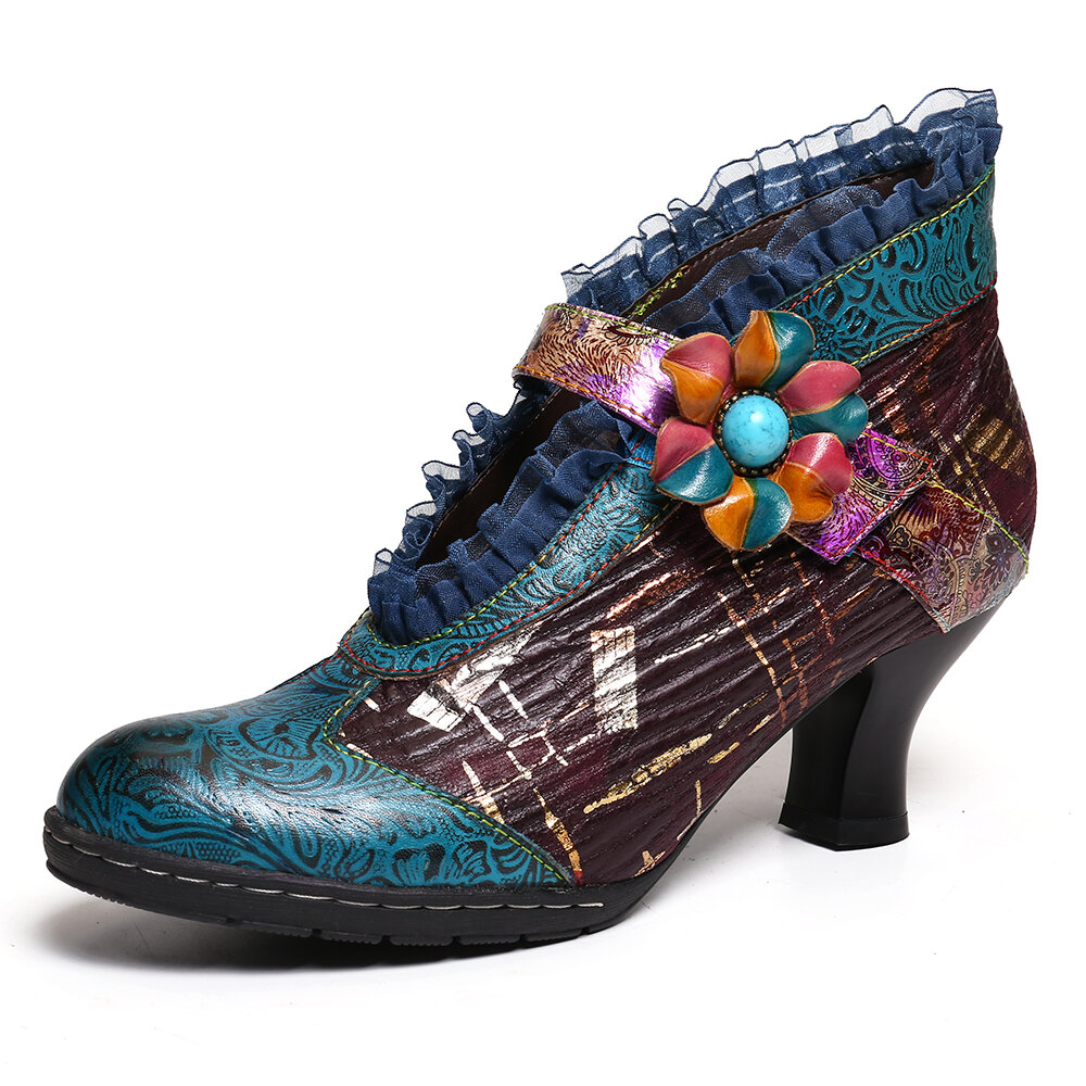 SOCOFY Lace Piel Genuina Zapatos de salón elegantes de tacón bajo con estampado floral
