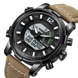MEGIR 2089 militar Sport Style LED Cronógrafo Luminoso Dual Pantalla Reloj digital de cuero para hombres Reloj de pulser