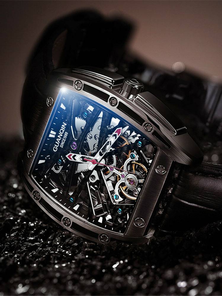 GUANQIN GJ16147 Rectángulo Reloj de pulsera para hombre estilo creativo Piel Genuina Banda Reloj automático Mecánico