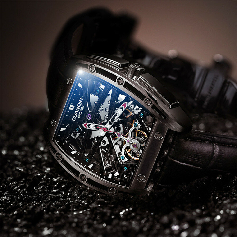 GUANQIN GJ16147 Rectángulo Reloj de pulsera para hombre estilo creativo Piel Genuina Banda Reloj automático Mecánico